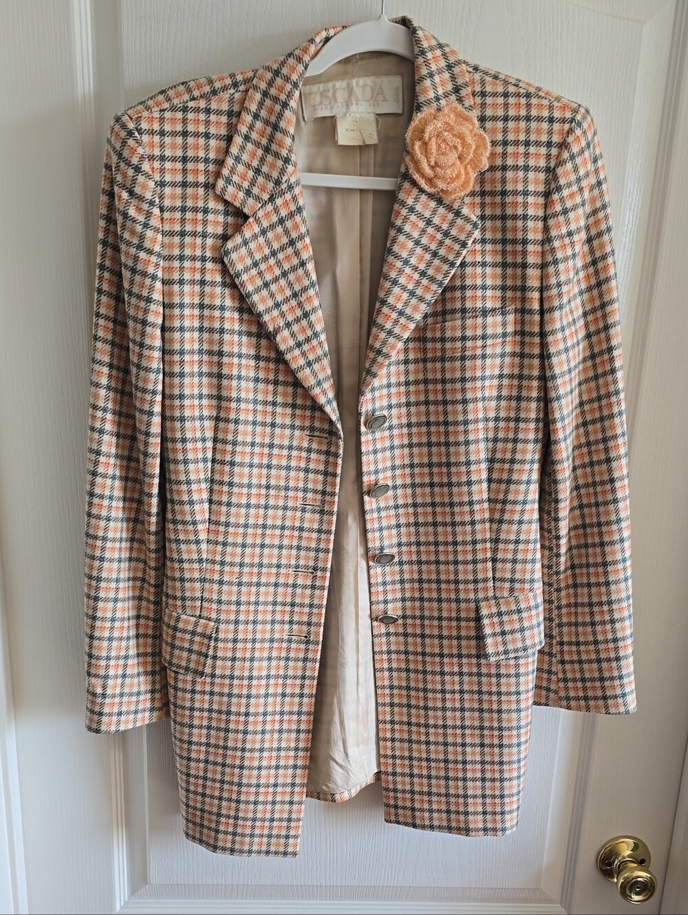 Vintage Escada Peach and Beige Plaid Wool Blazer with Flower Pin
